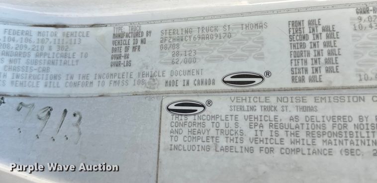 image for item LR9369 2009 Sterling  sewer jetter truck