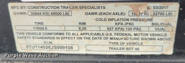 image for item NG9894 2018 Construction Trailer Specialists BDT 40 bottom dump trailer