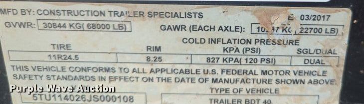 image for item NG9894 2018 Construction Trailer Specialists BDT 40 bottom dump trailer