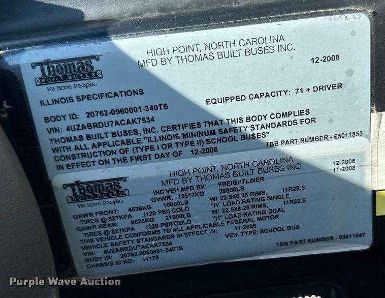 image for item NT9388 2010 Thomas Built B2  school bus