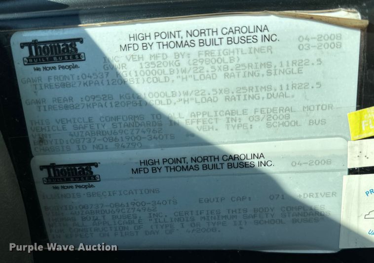 image for item NT9389 2009 Thomas Built B2 school bus