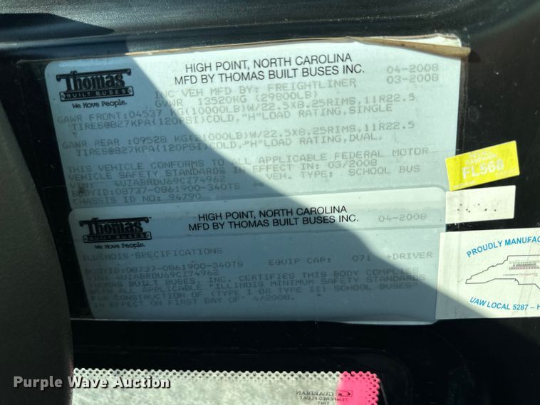 image for item NT9389 2009 Thomas Built B2 school bus