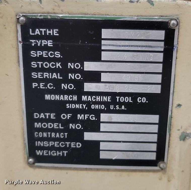 image for item OD9555 Monarch 10 X 20  lathe