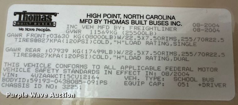 image for item OI9219 2005 Thomas Built FS65 school bus
