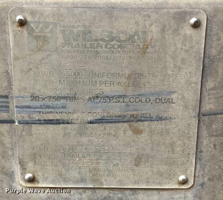 image for item DK6876 1995 Wilson PSDCL=302 livestock trailer