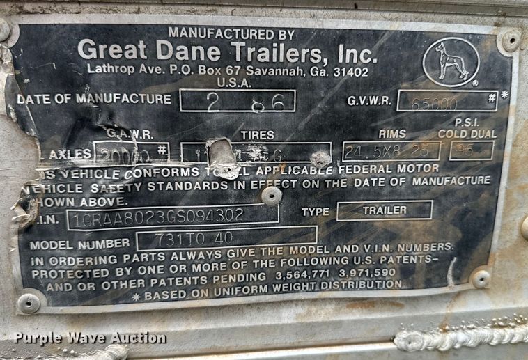 image for item DX0792 1986 Great Dane grain trailer