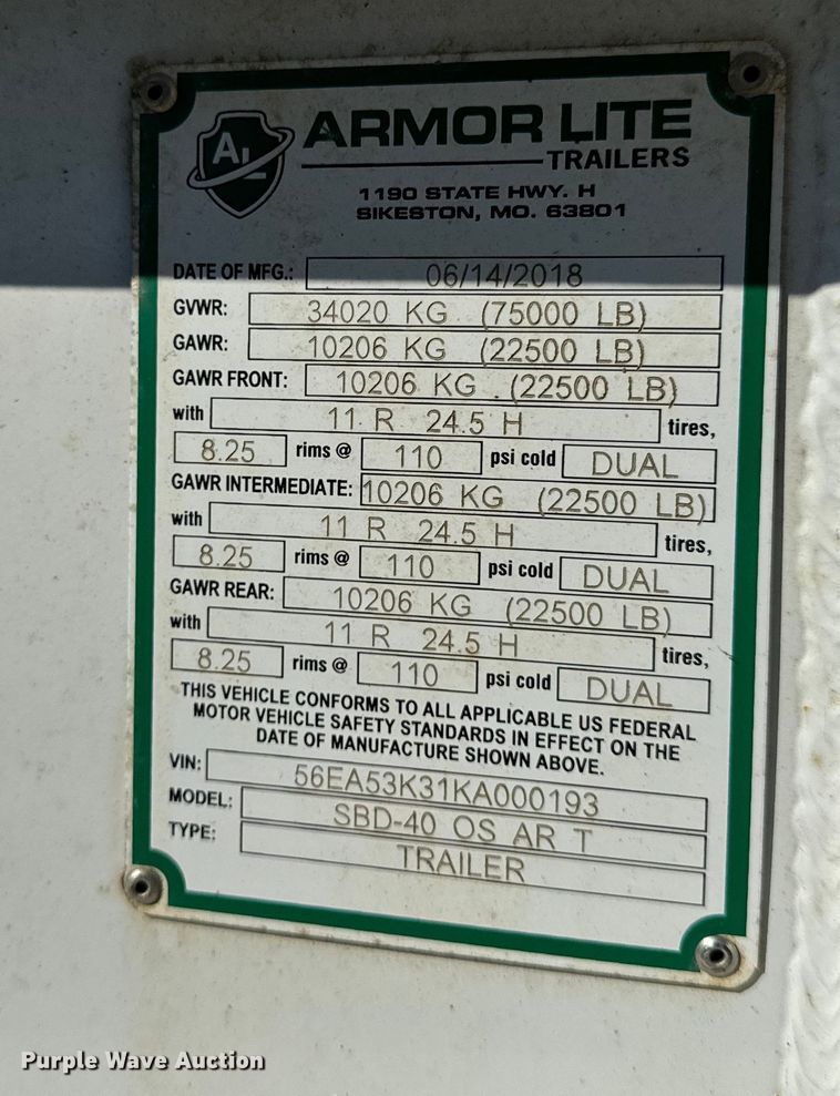 image for item DL4425 2019 Armor Lite SBD-40 bottom dump trailer