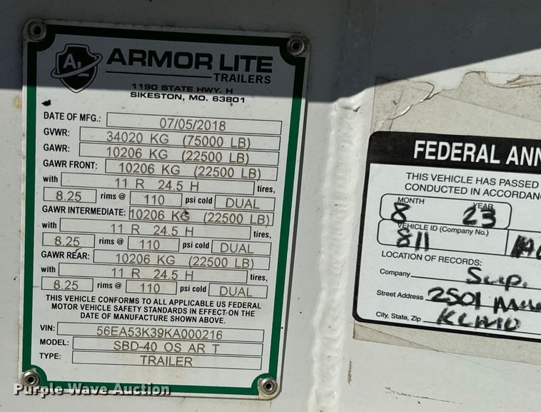 image for item DL4426 2019 Armor Lite SBD-40 bottom dump trailer