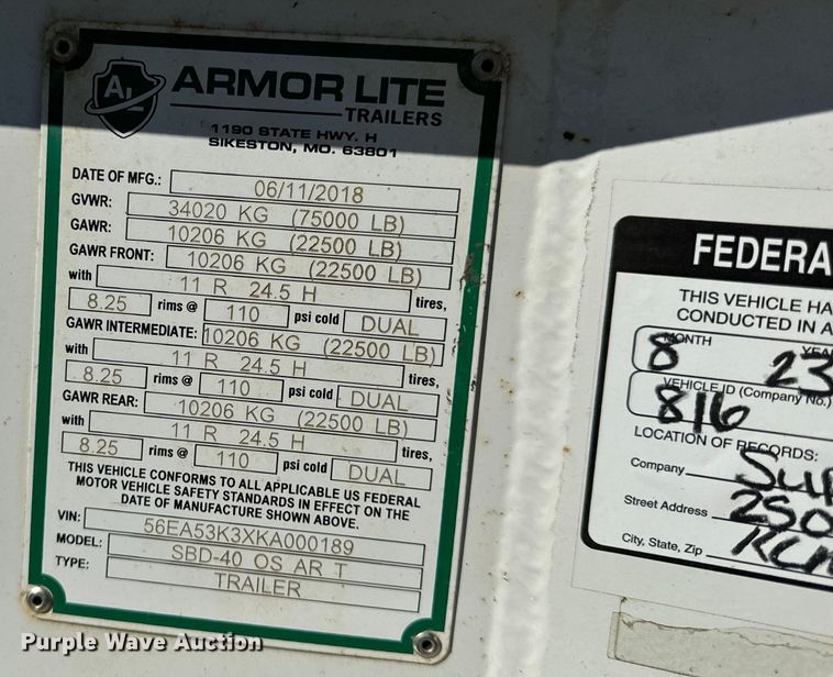 image for item DL4427 2019 Armor Lite SBD-40 bottom dump trailer