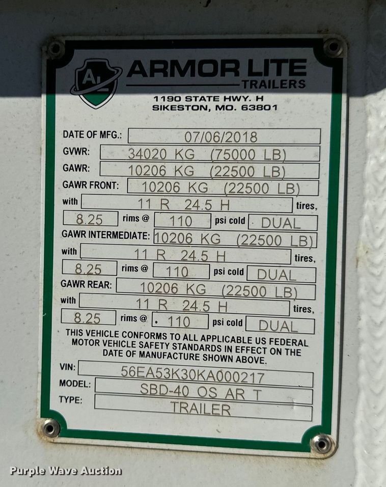 image for item DL4429 2019 Armor Lite SBD-40 bottom dump trailer