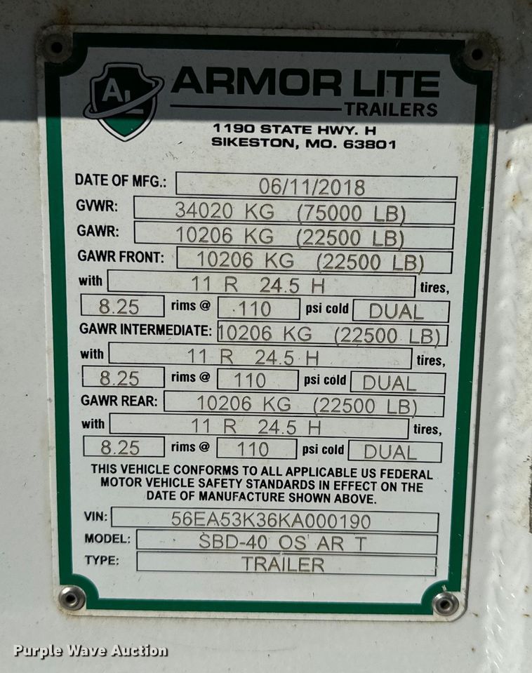 image for item DL4430 2019 Armor Lite SBD-40 bottom dump trailer