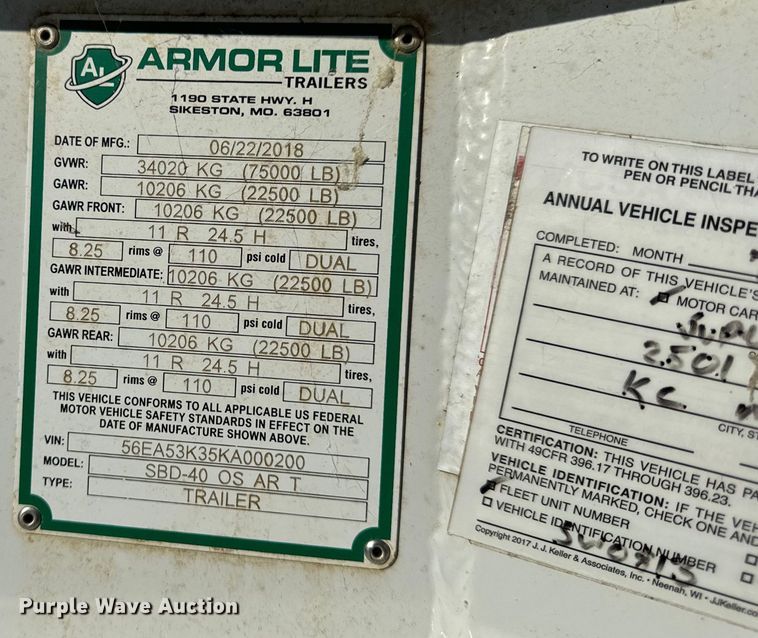 image for item DL4431 2019 Armor Lite SBD-40 bottom dump trailer