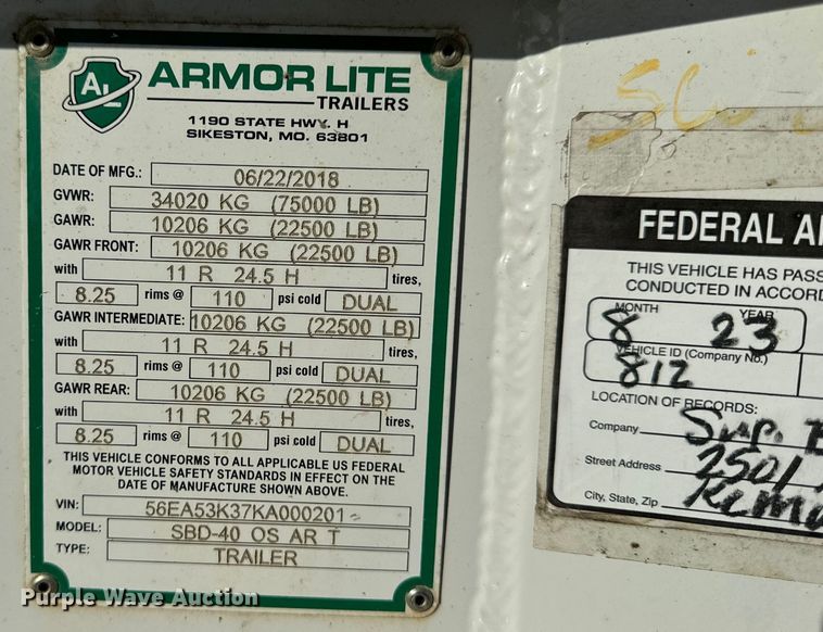 image for item DL4432 2019 Armor Lite SBD-40 bottom dump trailer