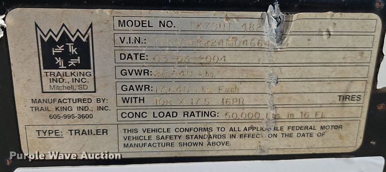 image for item DR8631 2004 Trail King TK70HT 482 drop deck equipment trailer