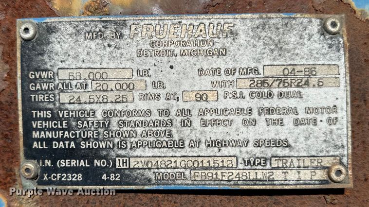 image for item DS5558 1986 Fruehauf  FB91F248LLW2 dry van trailer