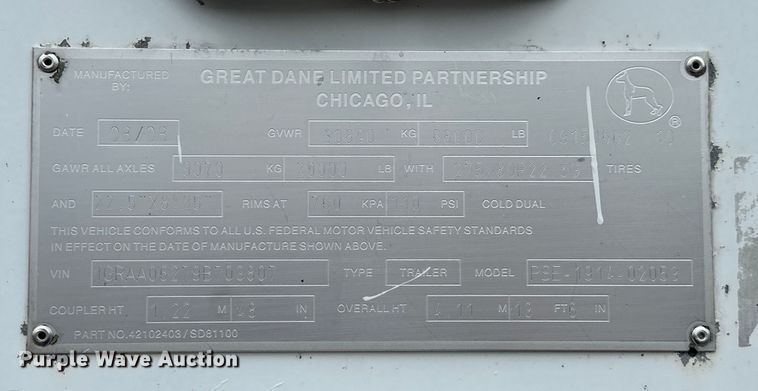 image for item EG1634 2009 Great Dane  PSE-1914-02053 dry van trailer