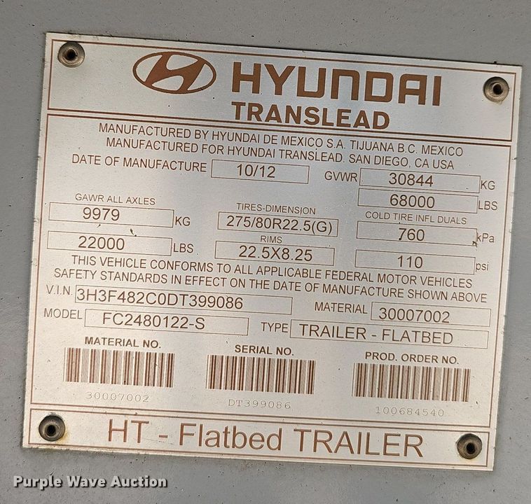 image for item EJ5678 2013 Hyundai Translead FC2480122-S flatbed trailer