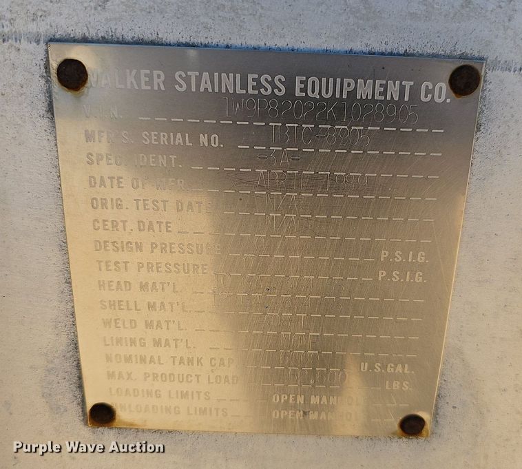 image for item EJ5714 1989 Walker  Stainless Steel tank trailer