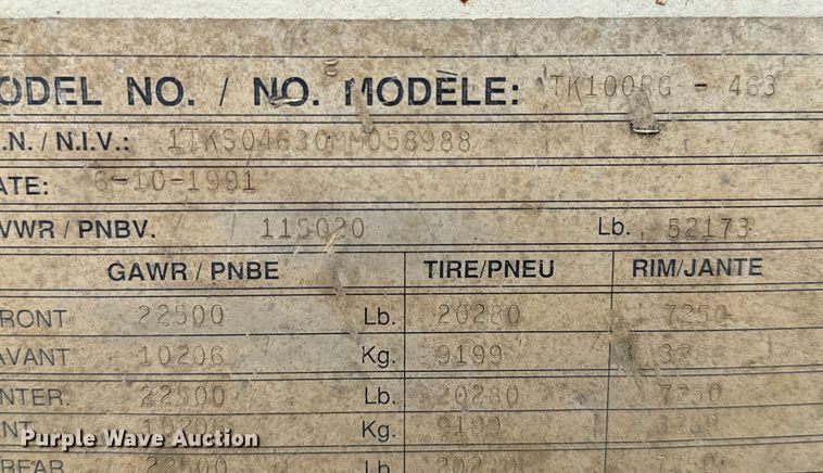 image for item NL9876 1991 Trail King TK100RG drop deck equipment trailer