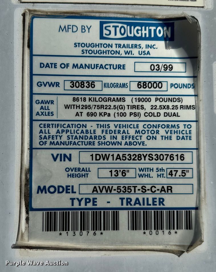 image for item NL9970 2000 Stoughton  AVW-545T-S-C-AR dry van trailer