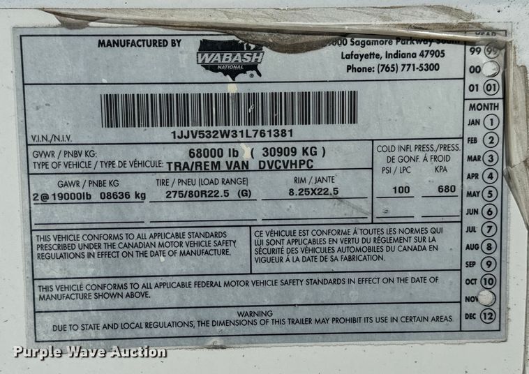 image for item NL9971 2001 Wabash DVCHPC dry van trailer