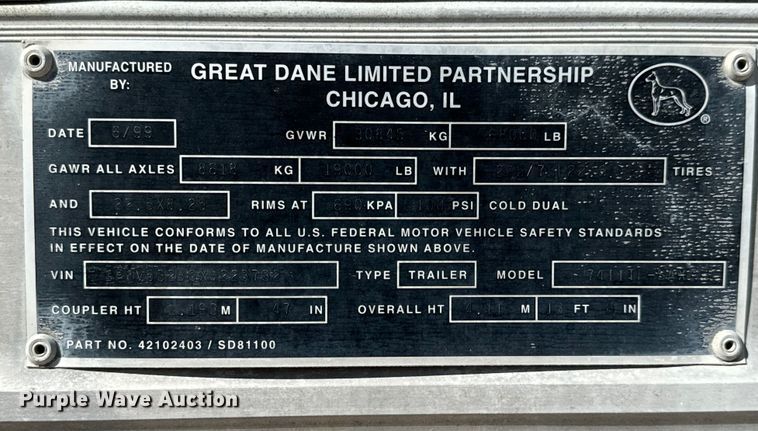 image for item NL9972 1999 Great Dane 7411TP-SAX dry van trailer