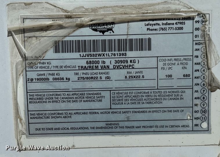 image for item NL9973 2001 Wabash DVCVHPC dry van trailer