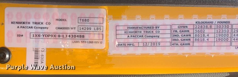 image for item OK9899 2020 Kenworth  T680 semi truck