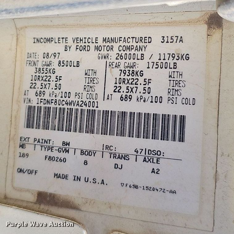 image for item DN7414 1998 Ford F800 vacuum truck