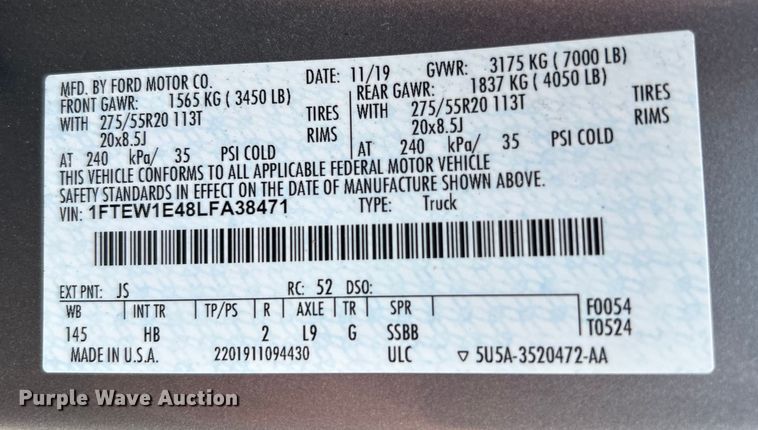 image for item DO6539 2020 Ford  F150 SuperCrew pickup truck