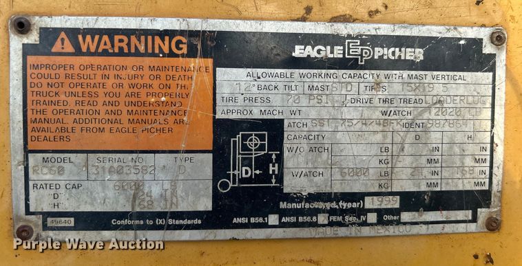 image for item DO6562 1999 Eagle Picher RC60 forklift
