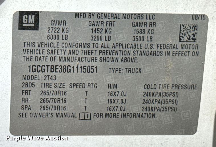 image for item DX0747 2016 Chevrolet Colorado Crew Cab pickup truck