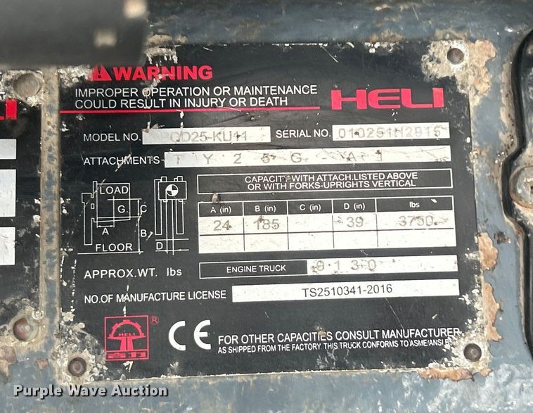 image for item EG0757 2016 Heli CPCD25-KU11 forklift