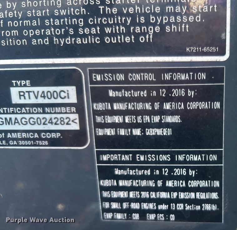 image for item EG1607 2017 Kubota RTV400Ci utility vehicle