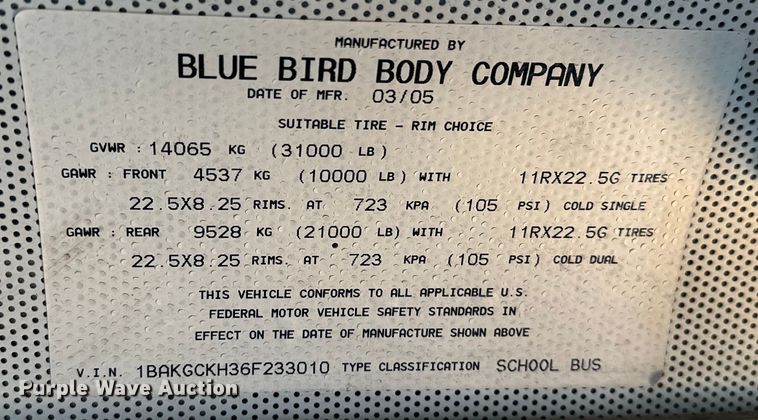 image for item EG1665 2006 Blue Bird  Vision  school bus