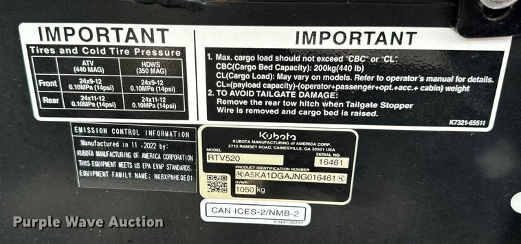 image for item EH6960 2022 Kubota  RTV520 utility vehicle