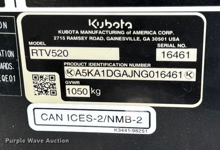 image for item EH6960 2022 Kubota  RTV520 utility vehicle