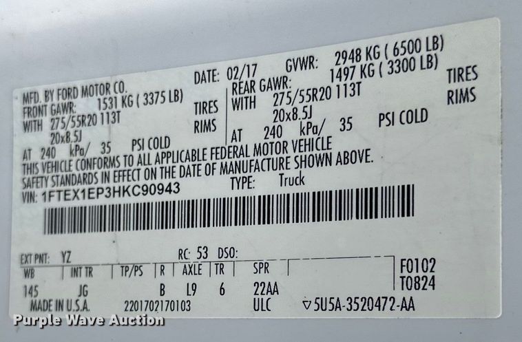 image for item EJ6989 2017 Ford F150 XL SuperCab pickup truck