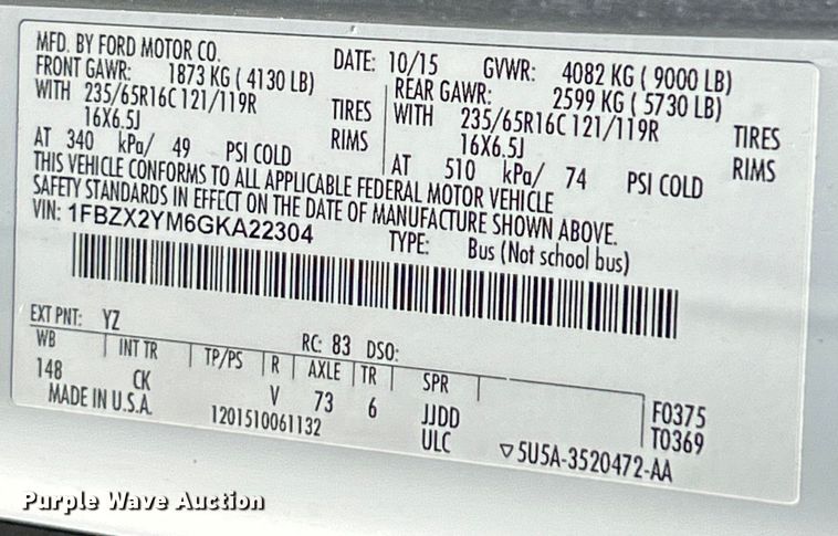 image for item EK4371 2016 Ford Transit 350 XLT van