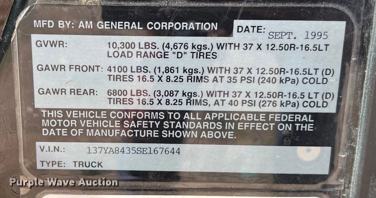 image for item LU9964 1995 AM General Humvee SUV