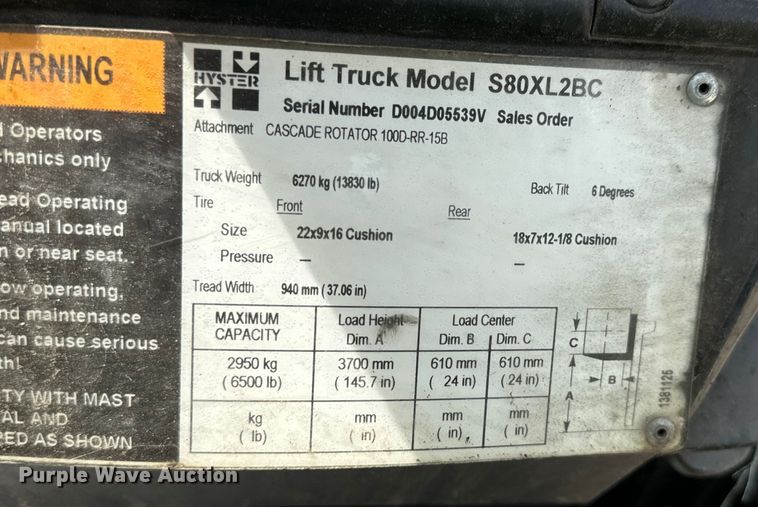 image for item MU9834 Hyster S80XL2BC forklift
