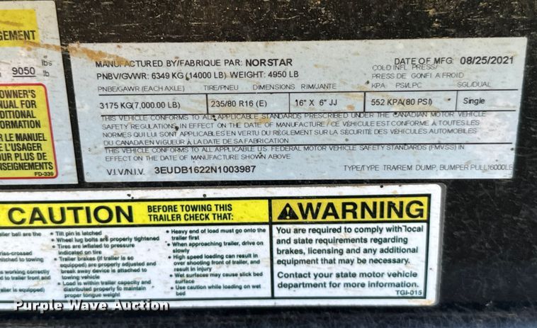 image for item NQ9638 2021 Norstar dump trailer