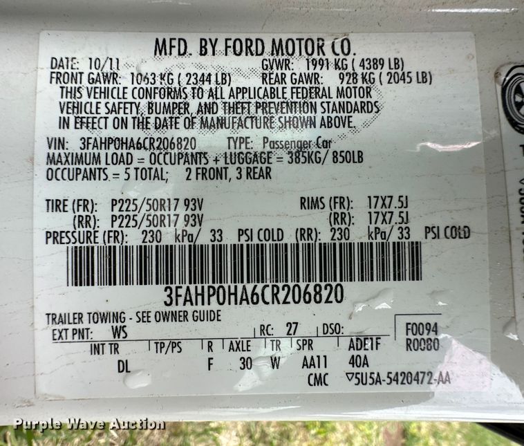 image for item OI9099 2012 Ford Fusion SE 