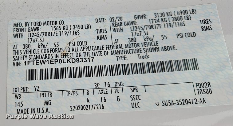 image for item OK9974 2020 Ford F150 XLT SuperCrew pickup truck