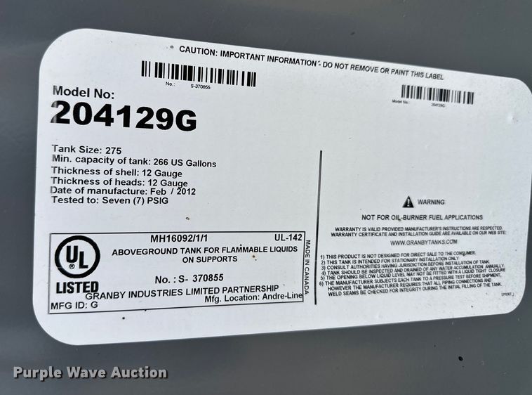 image for item OL9637 2012 Granby 204129G oil storage tank