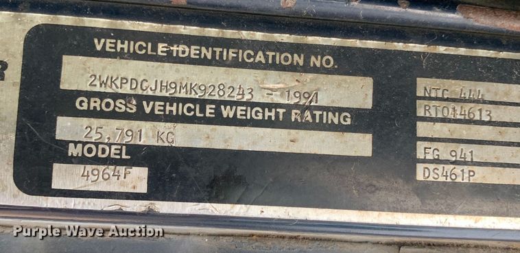 image for item DM7919 1991 Western Star 4900 grapple crane truck