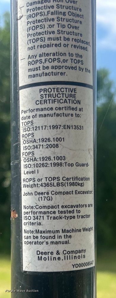 image for item DO6568 2016 John Deere 17G mini excavator