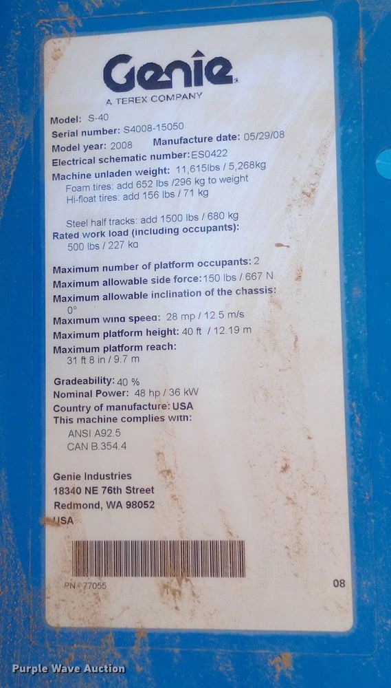 image for item DO6980 2008 Genie  S-40 boom lift