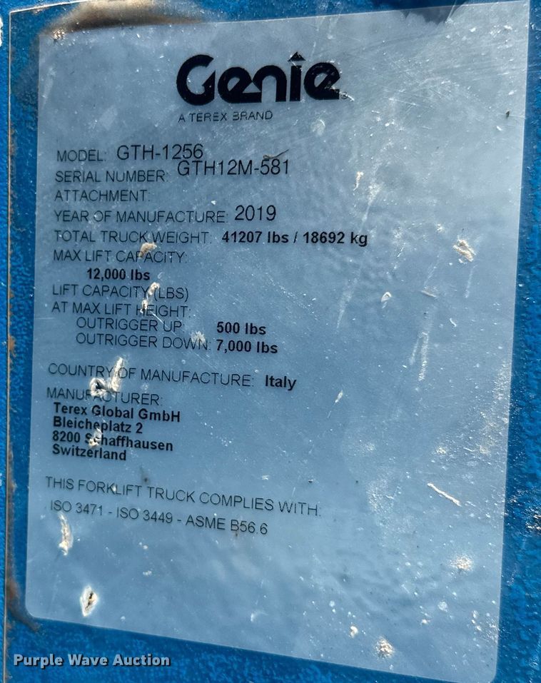 image for item DO6982 2019 Genie GTH-1256 telehandler
