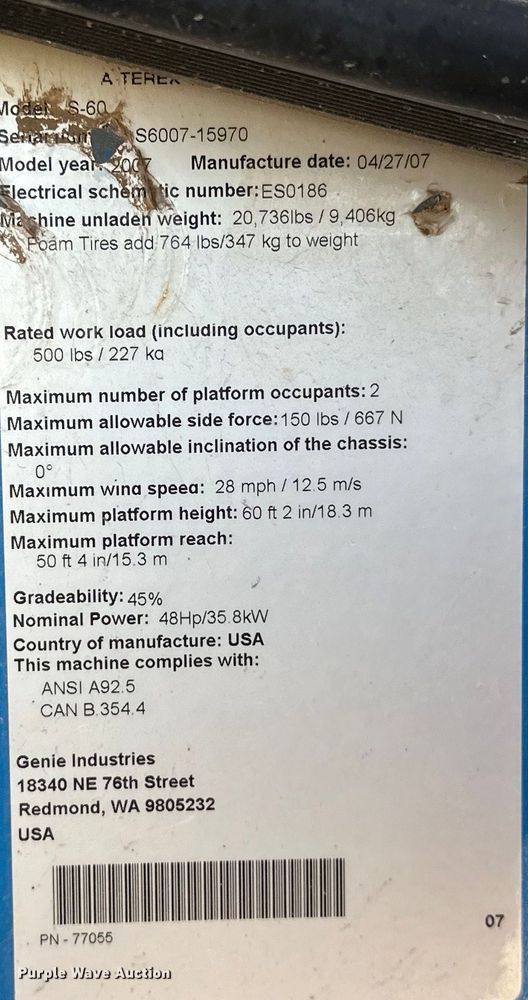 image for item DO6985 2007 Genie S-60 boom lift